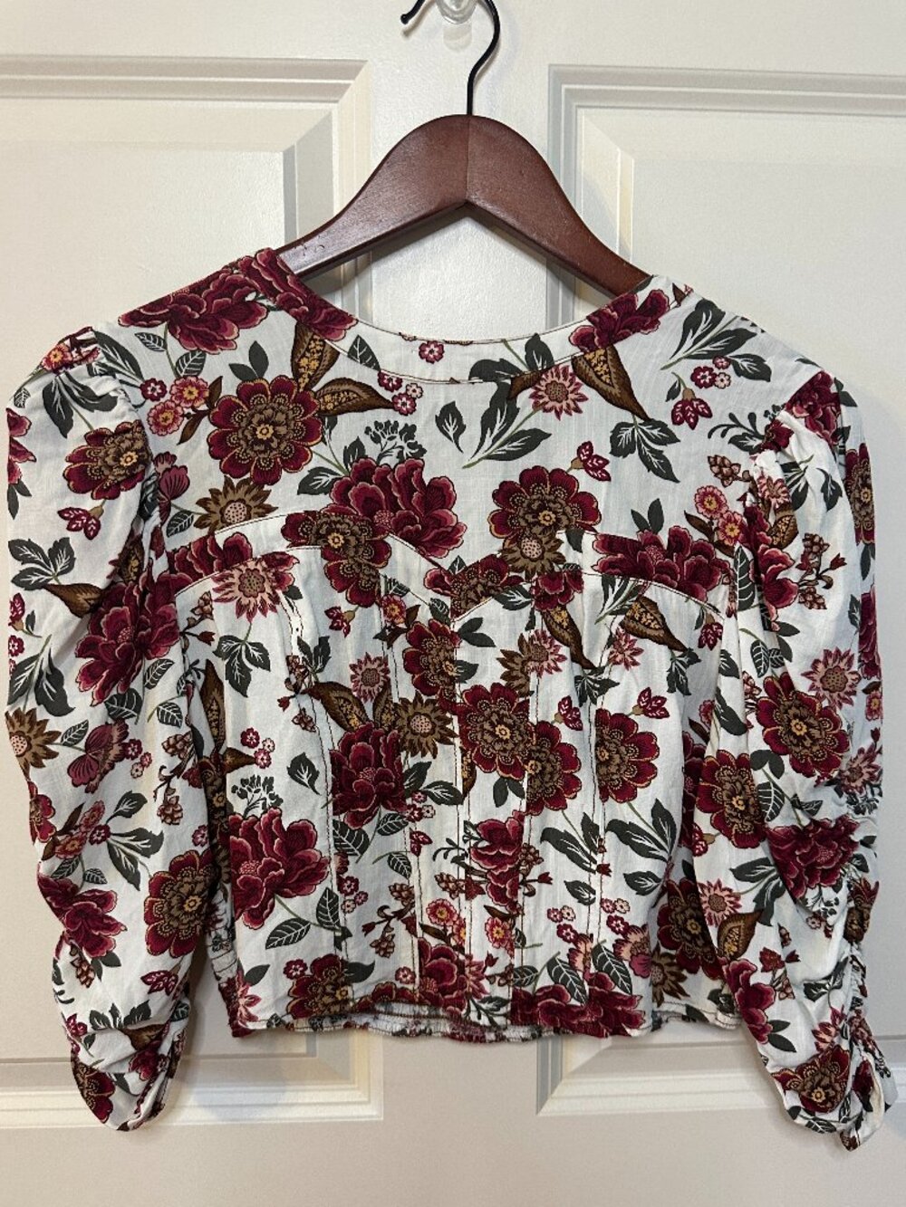 SO Floral Smocked Milkmaid Peasant Crop Top Boho Cottagecore Puff Sleeve Large